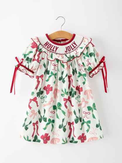 Christmas Girls Holly Jolly Bow Smocked Ruffle Dress
