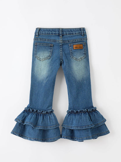 Girls Denim Leggings Ruffle Bell Bottom Pants