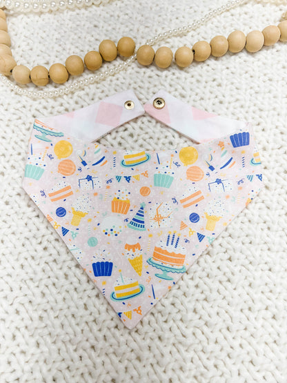 Birthday Party Snap-On Reversible Dog Bandana, Curved Neck