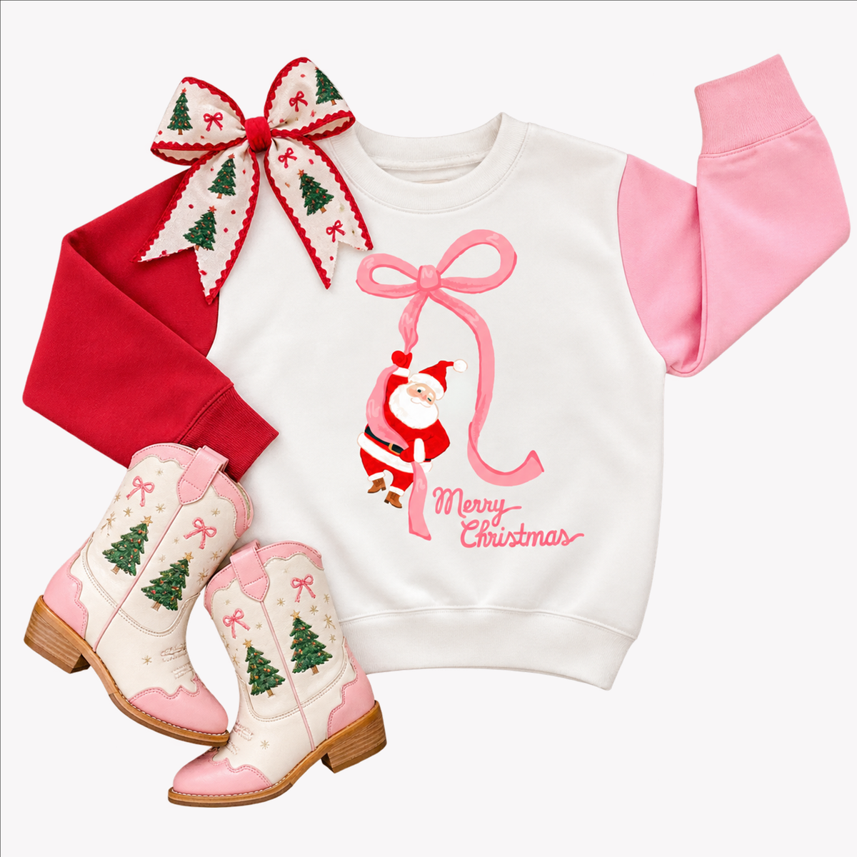 Santa Bow | Pink Girls Christmas Sweatshirt