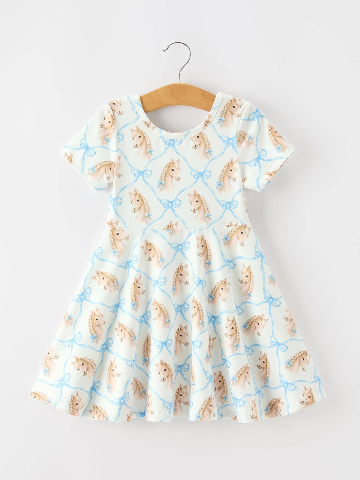 Western Horse And Bow Print Girls Short Sleeve Twirl Dress