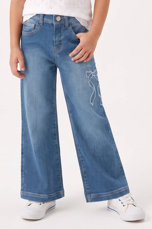 Girls' Wide Leg Bow Embroidery Denim Jeans