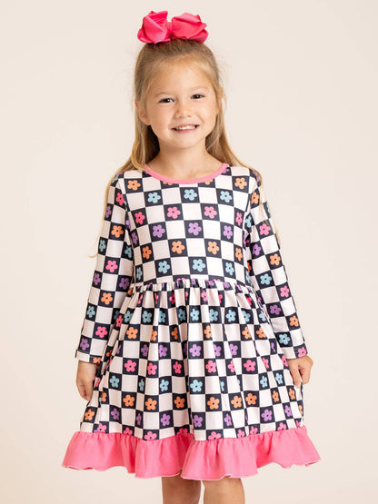 Checkered Petal Grove Ruffle Dress