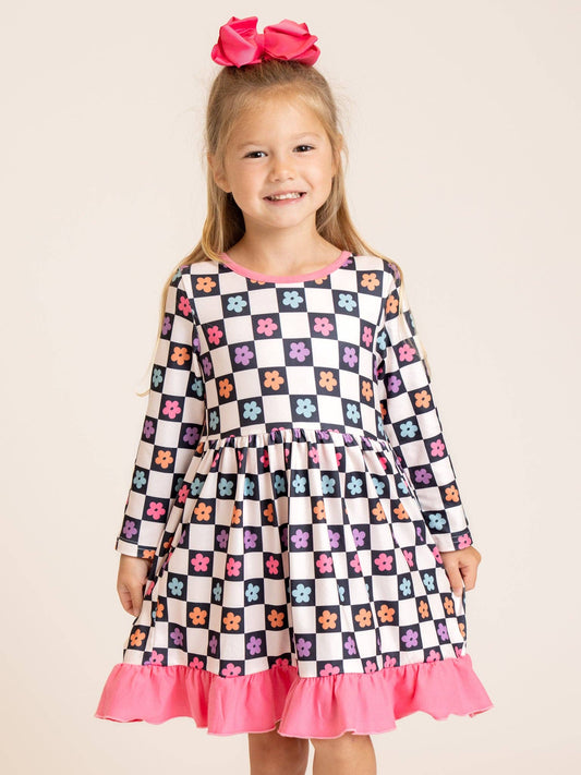Checkered Petal Grove Ruffle Dress
