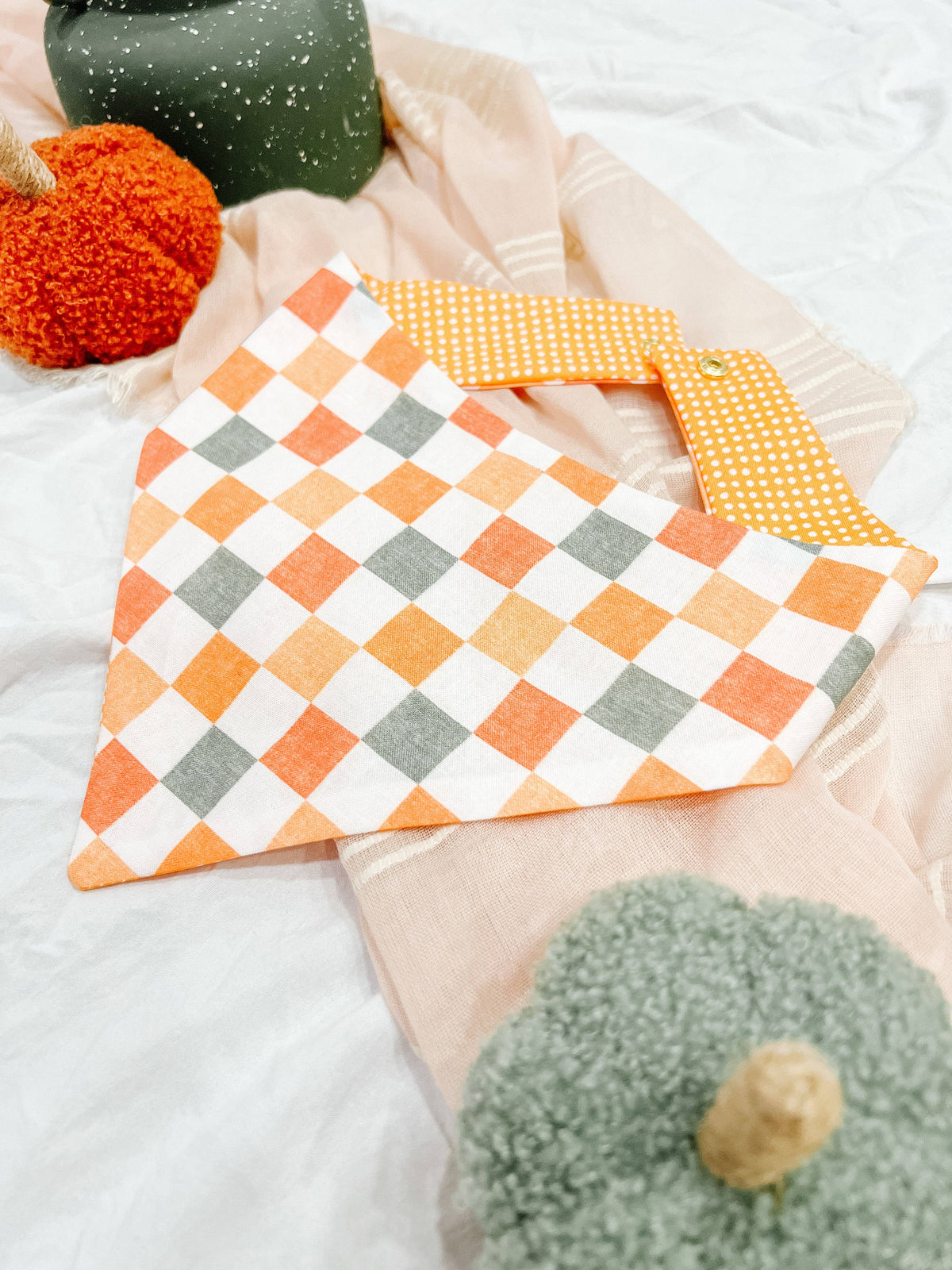 Fall Checkered Snap-On Reversible Dog Bandana, Curved Neck