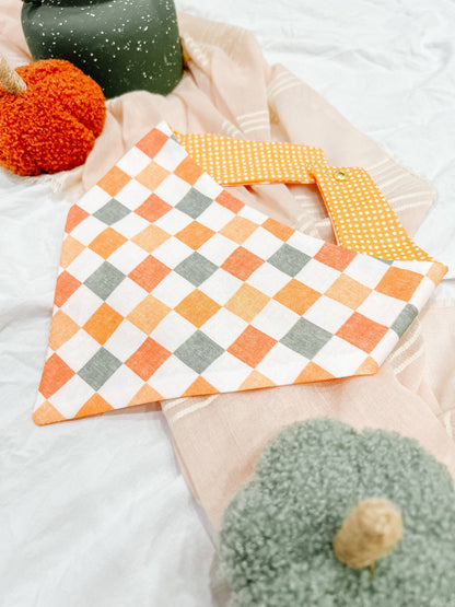 Fall Checkered Snap-On Reversible Dog Bandana, Curved Neck