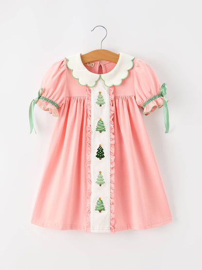 Christmas Girls Pink Christmas Tree Embroidered Ruffle Dress