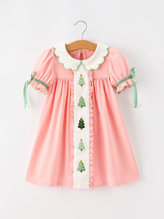 Christmas Girls Pink Christmas Tree Embroidered Ruffle Dress