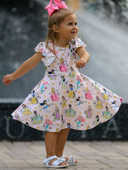 Summer Pattern Ruffle Sleeve Girls Dress