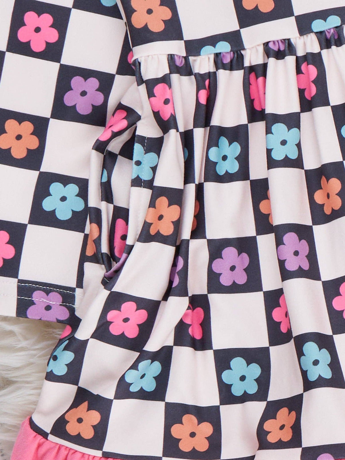 Checkered Petal Grove Ruffle Dress