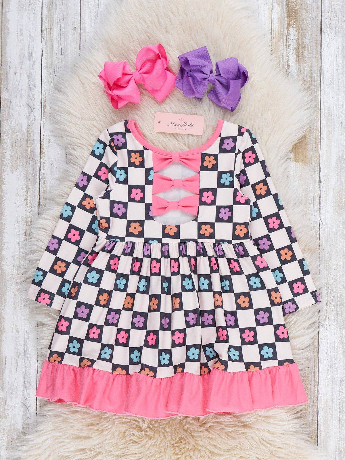 Checkered Petal Grove Ruffle Dress
