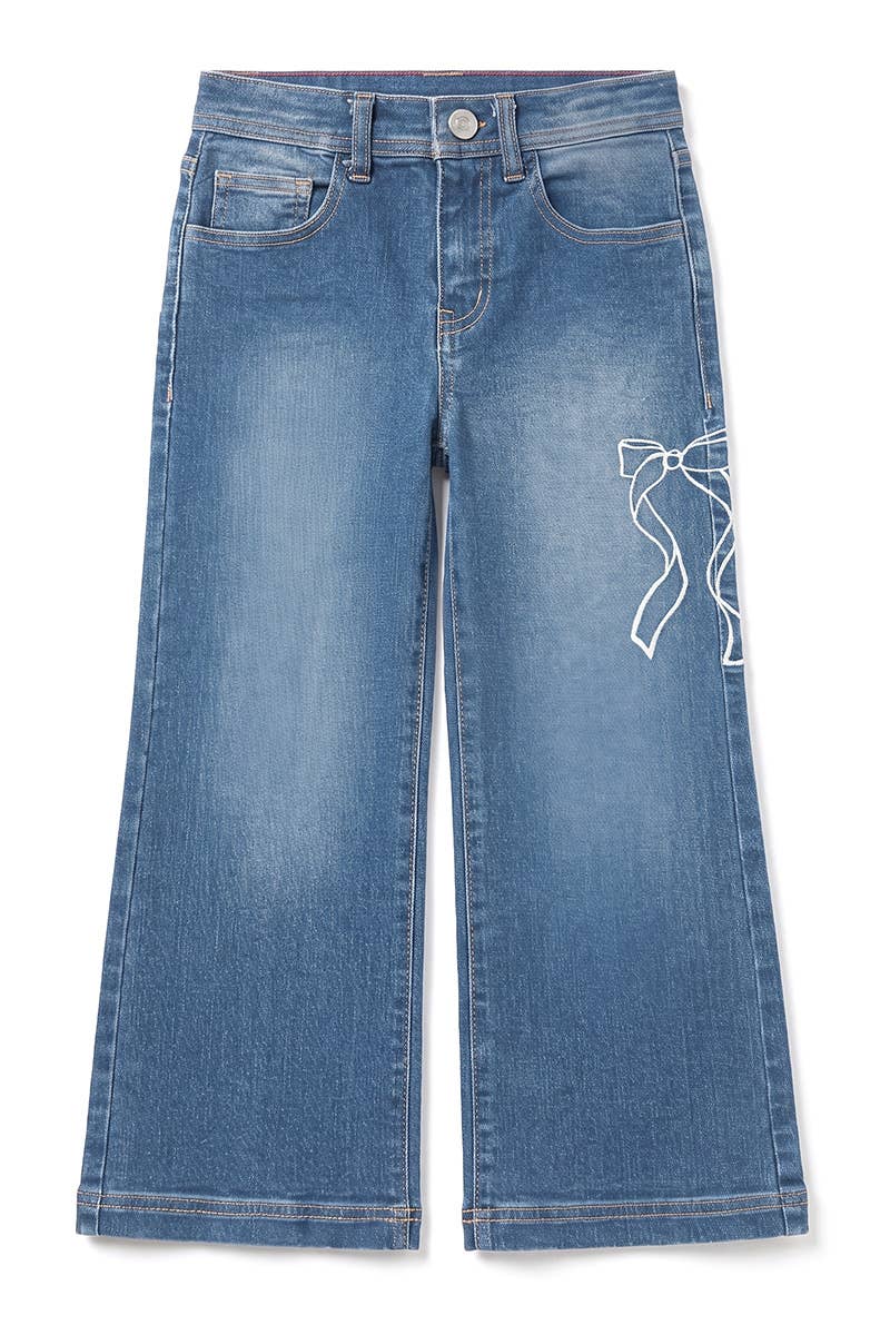 Girls' Wide Leg Bow Embroidery Denim Jeans