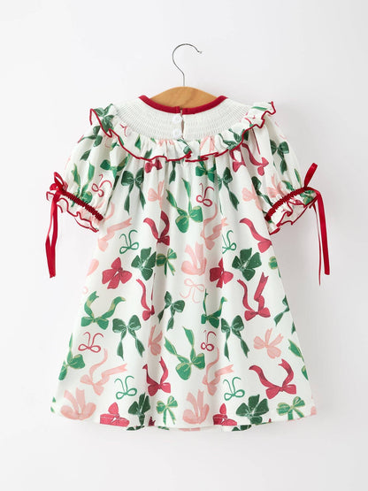 Christmas Girls Holly Jolly Bow Smocked Ruffle Dress