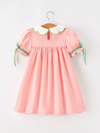 Christmas Girls Pink Christmas Tree Embroidered Ruffle Dress