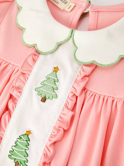 Christmas Girls Pink Christmas Tree Embroidered Ruffle Dress