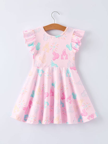 Spring Pink Theme Park Print Girls Twirl Dress