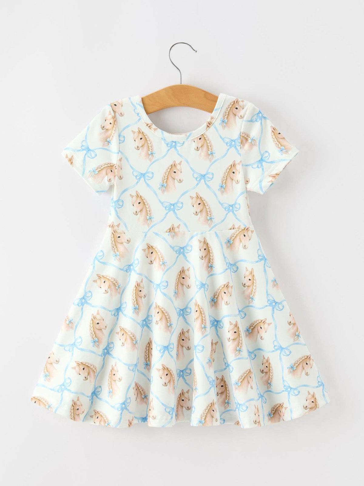 Western Horse And Bow Print Girls Short Sleeve Twirl Dress