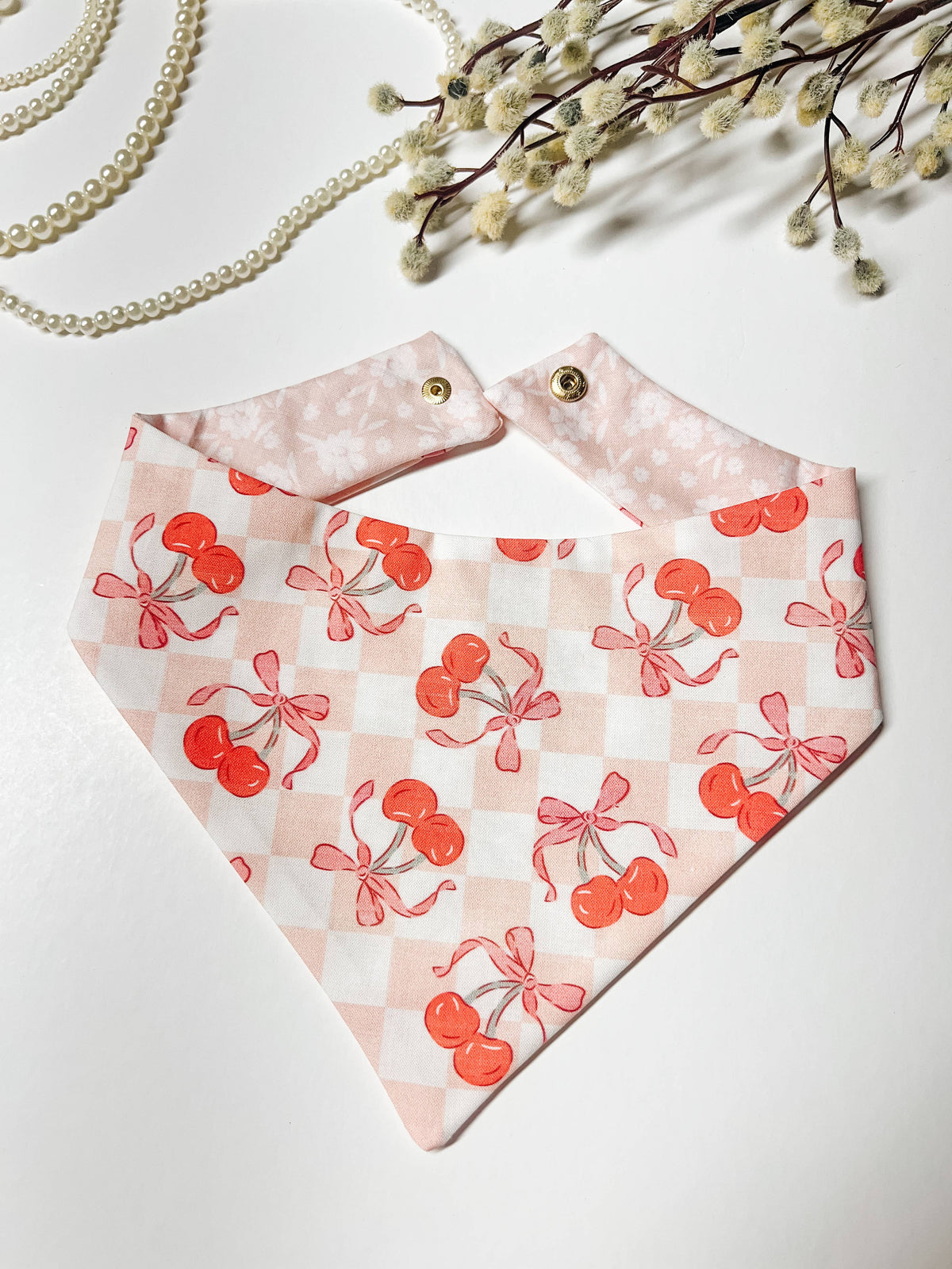 Coquette Cherry Snap-On Reversible Dog Bandana, Curved Neck