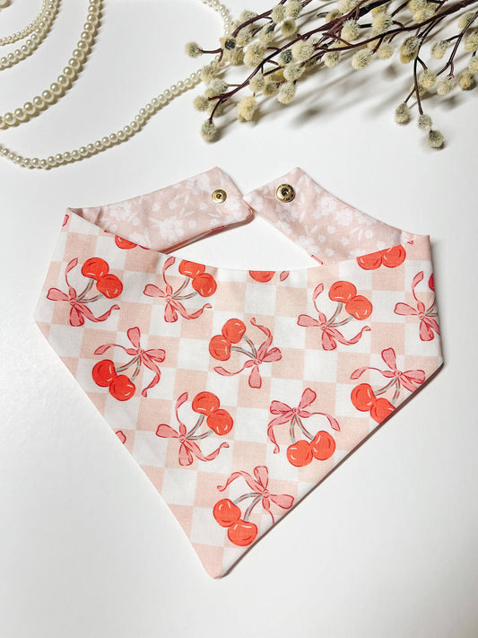 Coquette Cherry Snap-On Reversible Dog Bandana, Curved Neck