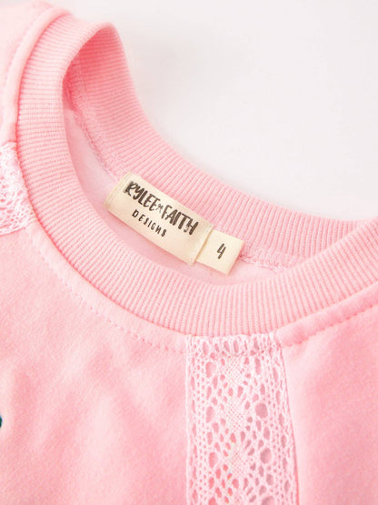 Christmas Tree Appliqué Girls Pink Sweatshirt And Pants Set