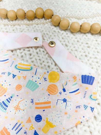 Birthday Party Snap-On Reversible Dog Bandana, Curved Neck