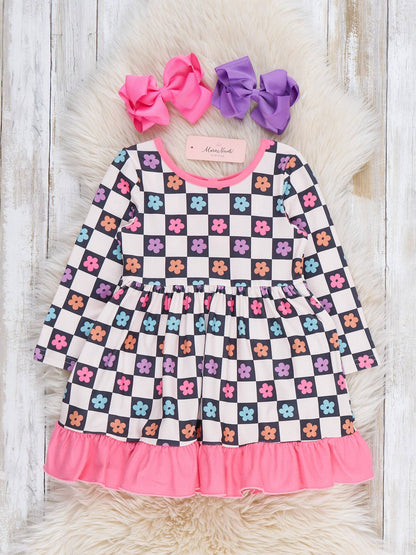 Checkered Petal Grove Ruffle Dress