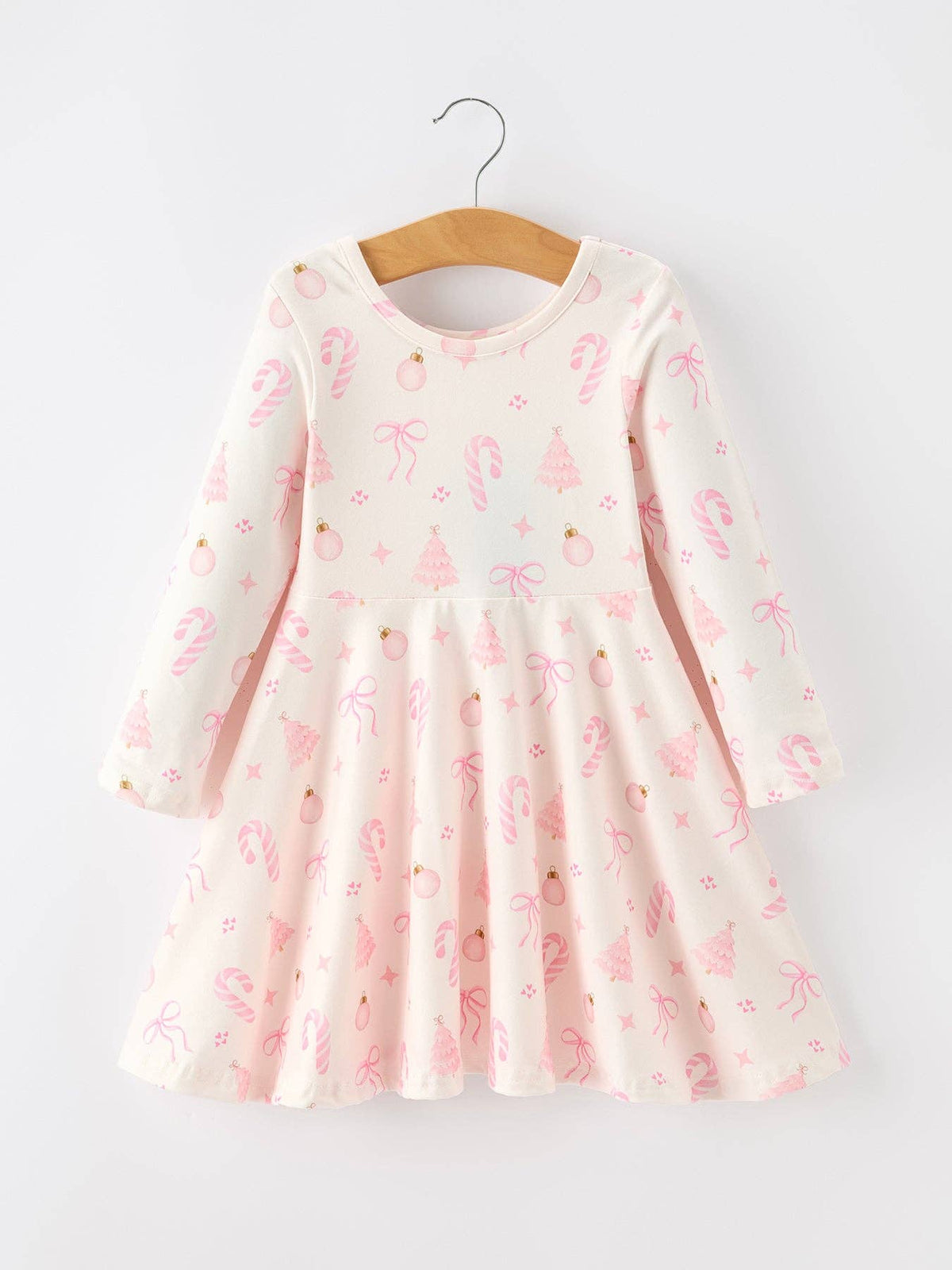 Girls Pink Christmas Ornament Print Flare Dress