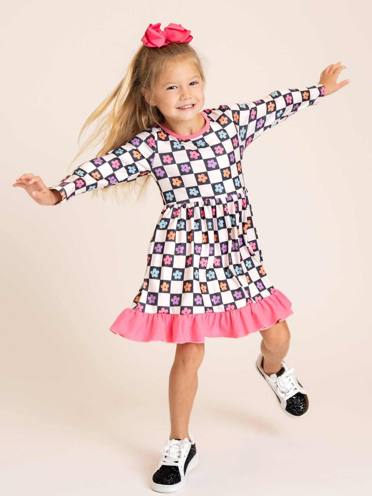 Checkered Petal Grove Ruffle Dress