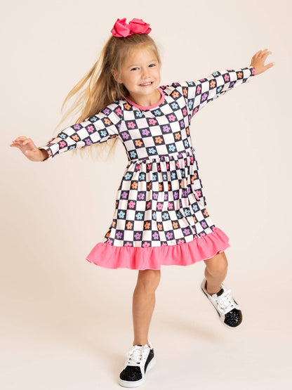 Checkered Petal Grove Ruffle Dress