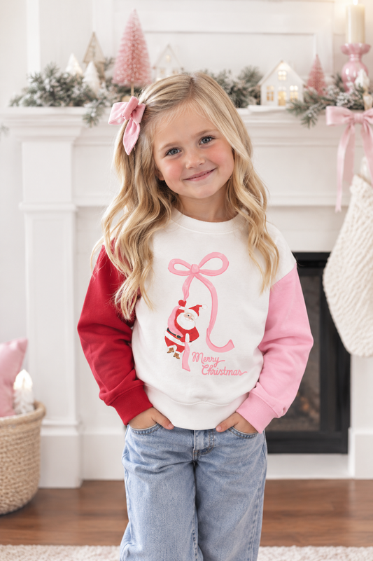 Santa Bow | Pink Girls Christmas Sweatshirt