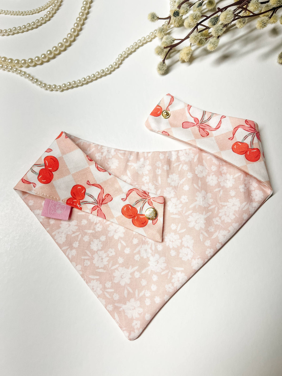 Coquette Cherry Snap-On Reversible Dog Bandana, Curved Neck