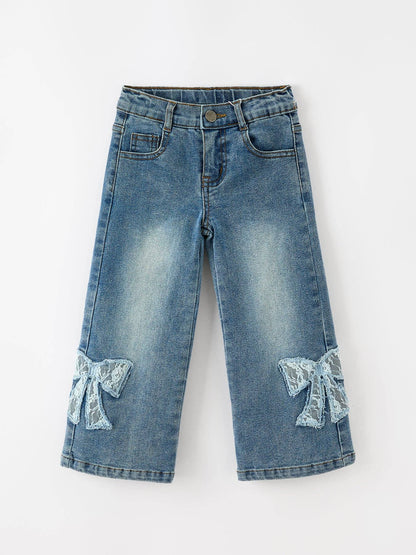 FALL Girls Blue Denim Lace Bow Wide Leg Jeans
