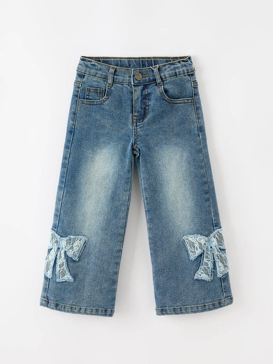 FALL Girls Blue Denim Lace Bow Wide Leg Jeans