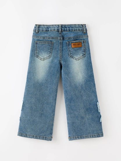 FALL Girls Blue Denim Lace Bow Wide Leg Jeans