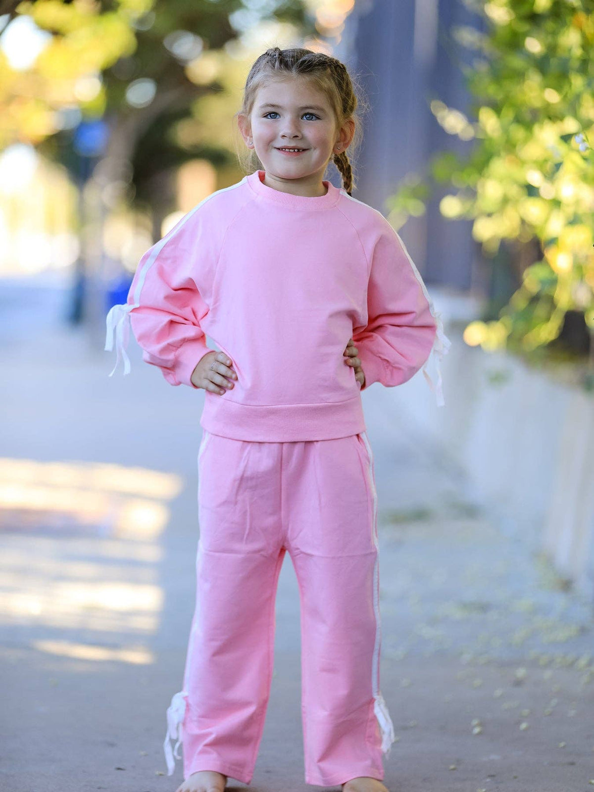 Girls Pink Bow Trim Sweatshirt and Pants Set
