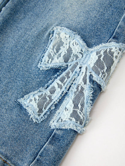 FALL Girls Blue Denim Lace Bow Wide Leg Jeans