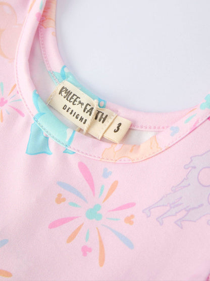 Spring Pink Theme Park Print Girls Twirl Dress