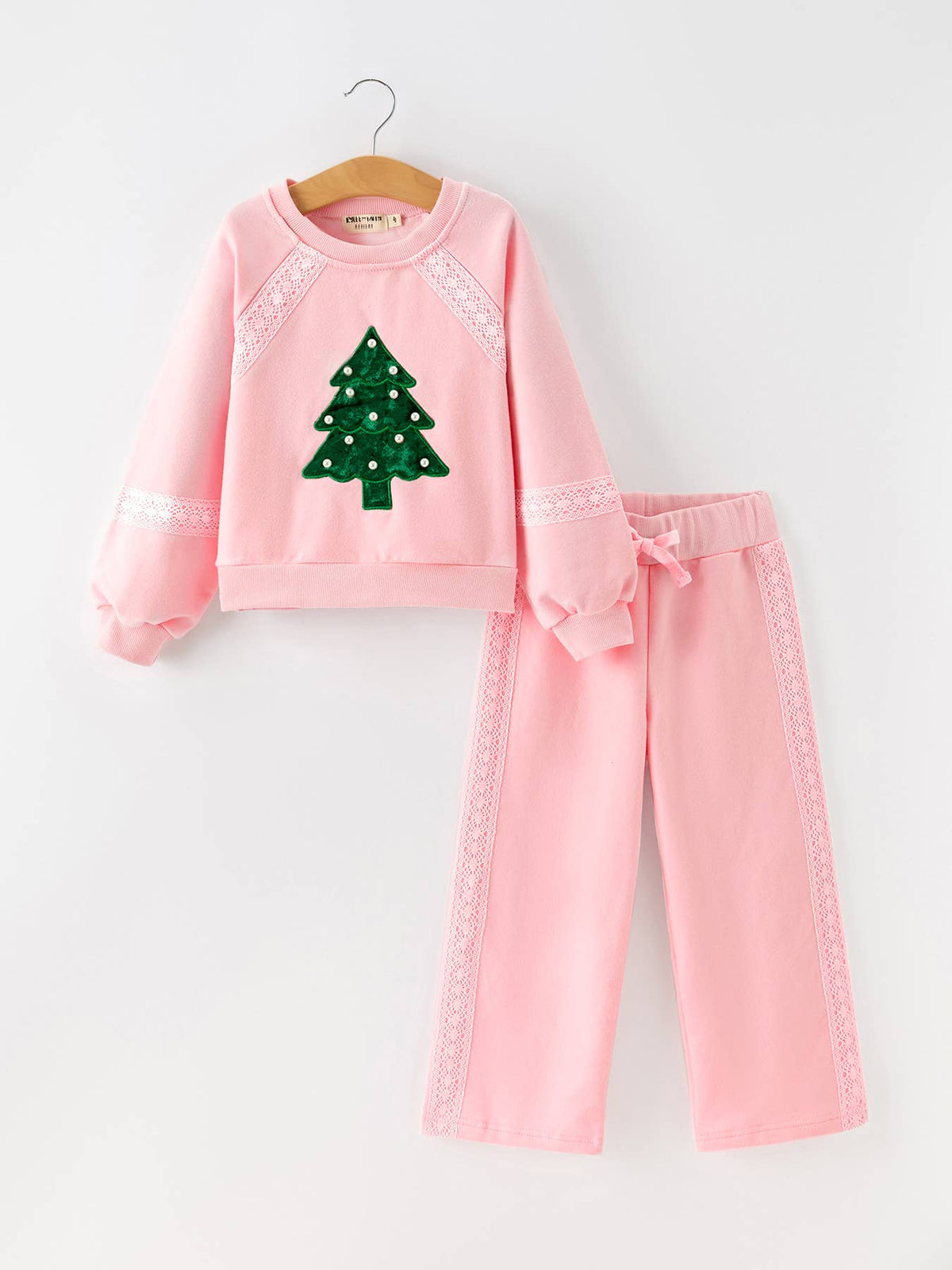 Christmas Tree Appliqué Girls Pink Sweatshirt And Pants Set