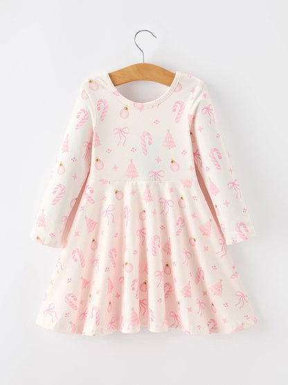 Girls Pink Christmas Ornament Print Flare Dress